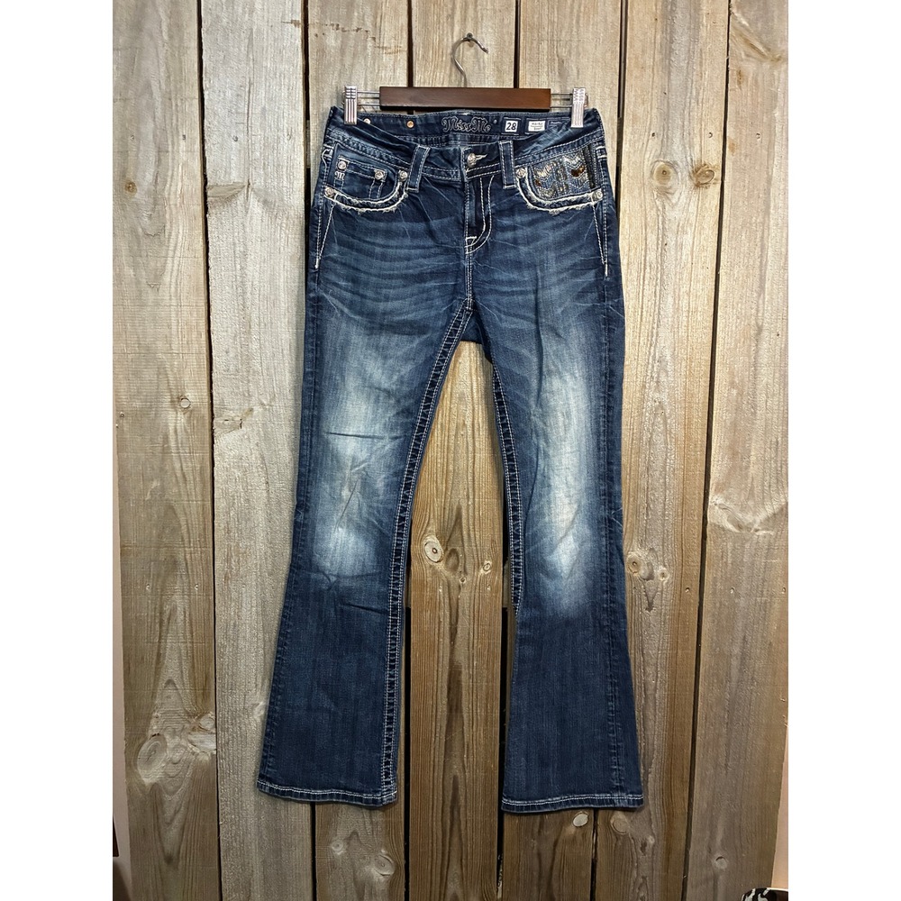 Miss Me Mid Rise Bootcut Jeans Embellished Flap Pocket Blue 28 ME8055B7R - Picture 2 of 8